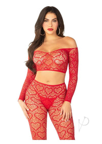 Heart Off Shoulder Footles Tights Red Os