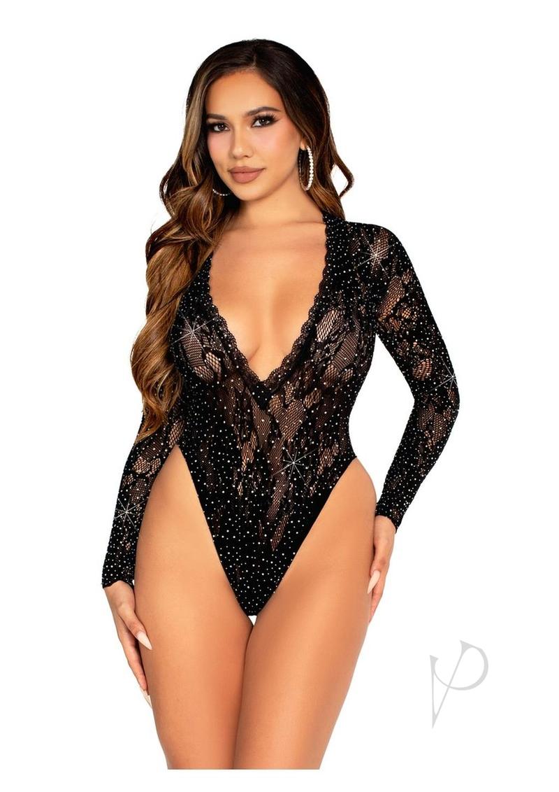 Rhinestone Lace Deep V Bodysuit Blk Os