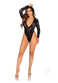 Rhinestone Lace Deep V Bodysuit Blk Os