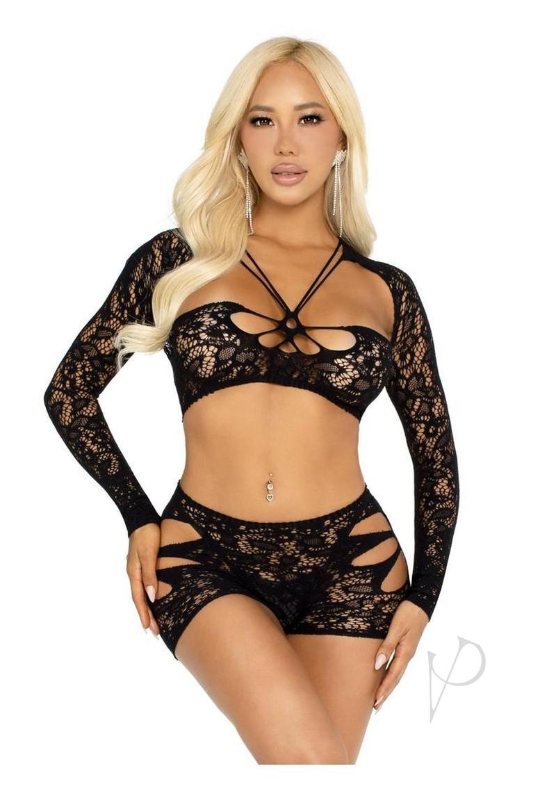 Lace Cut Out Bra Shrug Boyshort 2pc Blk