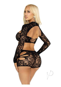 Lace Cut Out Bra Shrug Boyshort 2pc Blk