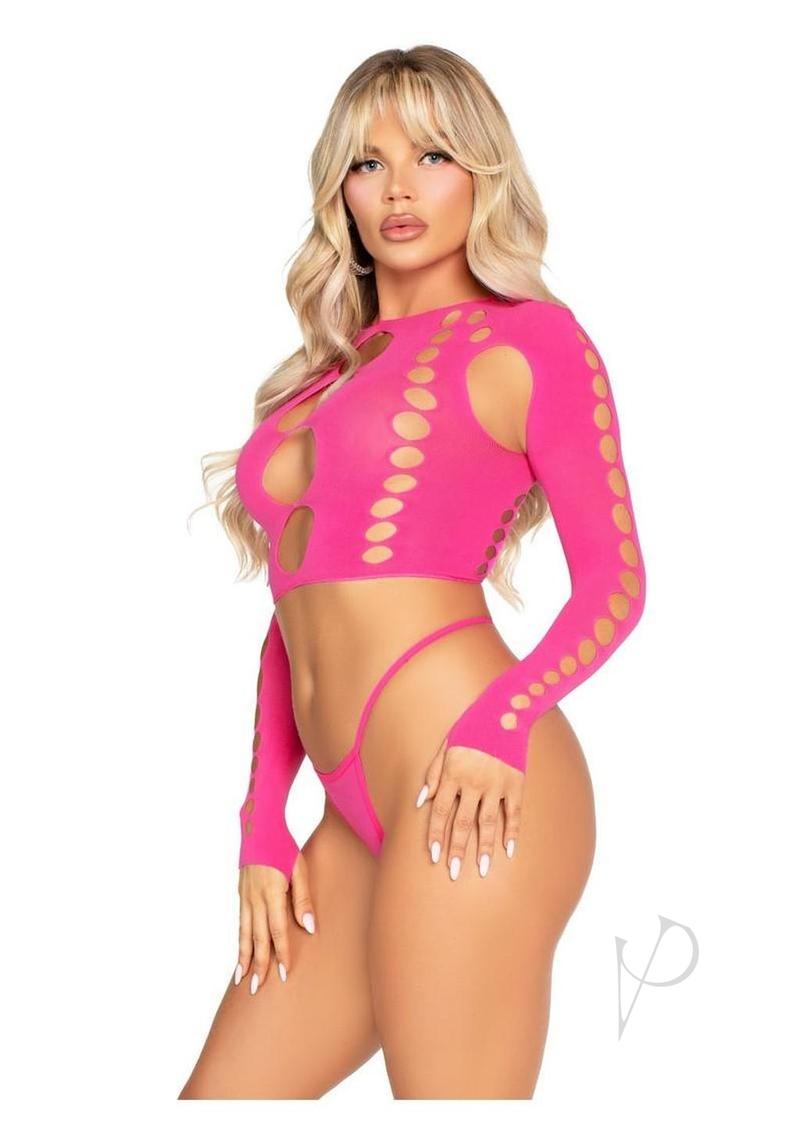 Seamless Cut Sleeve Crop Gstring 2pc Pnk