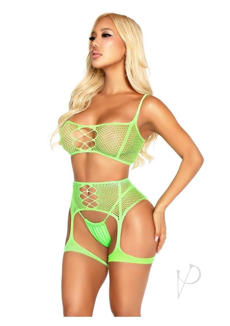 Fishnet Bra Garter Harness 2pc Grn Os