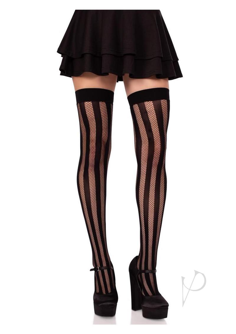 Net And Opaque Striped Thigh Highs Black