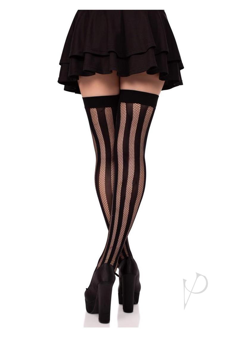 Net And Opaque Striped Thigh Highs Black