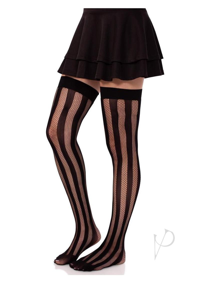 Net And Opaque Striped Thigh Highs Black