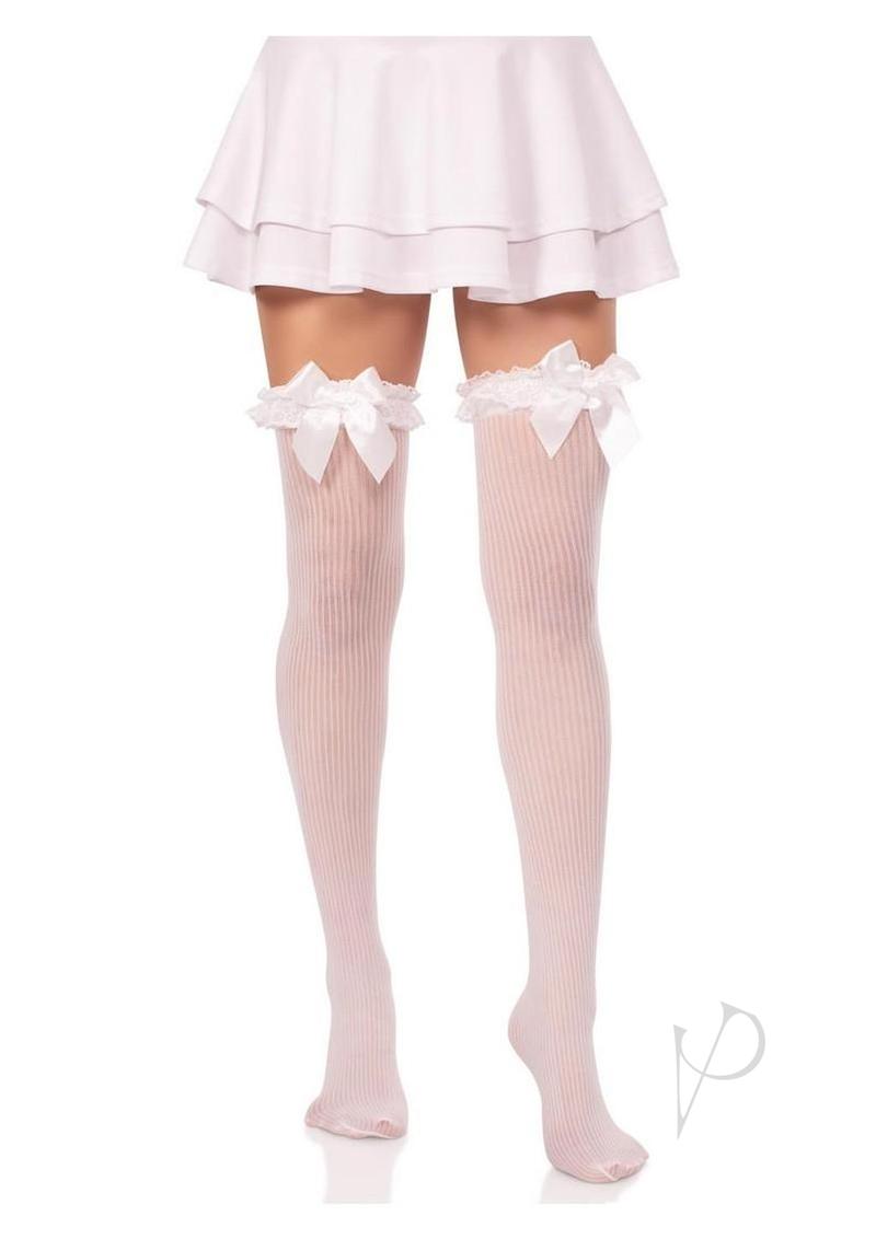 Lace Garter Stripe Thigh Bow Wht Os