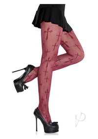 Worship Me Cross Net Tights Burgundy O/s