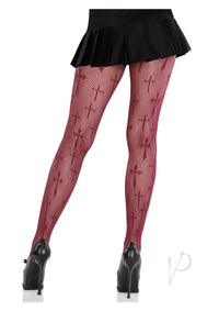 Worship Me Cross Net Tights Burgundy O/s