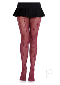 Worship Me Cross Net Tights Burgundy O/s