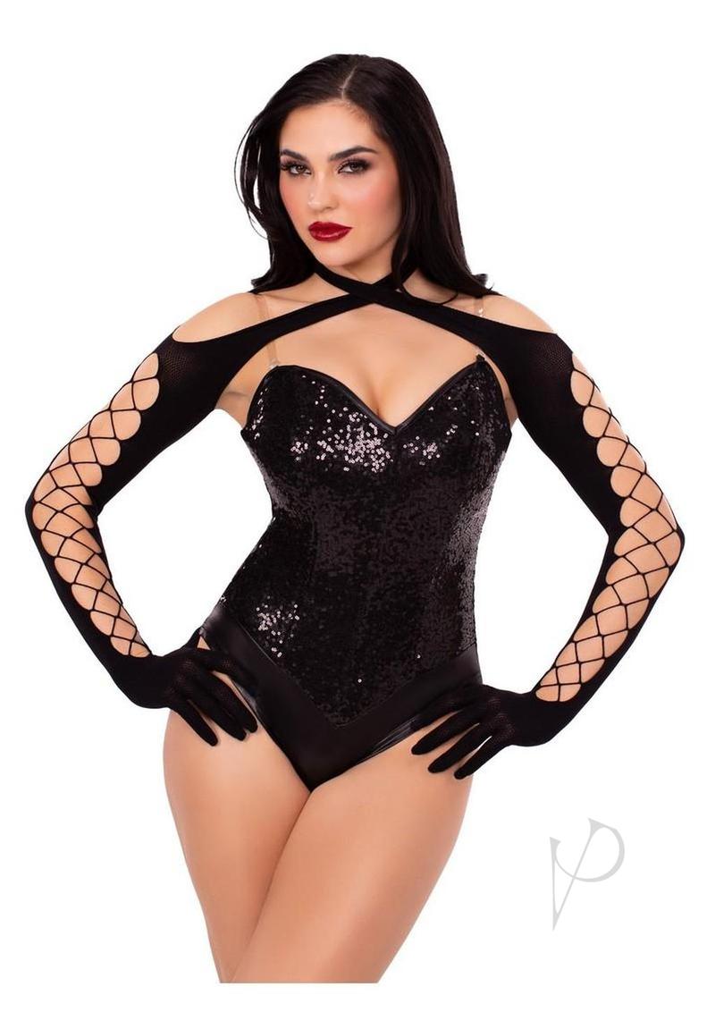 Net Opaque Crossover Halter Glove Blk Os