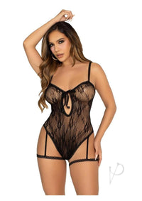 Lace Garter Teddy Key Cross Strap Blk Os