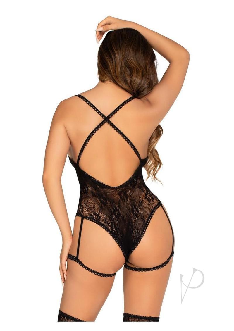 Lace Garter Teddy Key Cross Strap Blk Os
