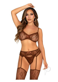 Lace Bra Bow Gstring Garter 3pc Cocoa Os