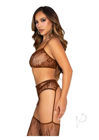 Lace Bra Bow Gstring Garter 3pc Cocoa Os