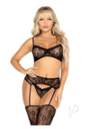 Lace Bra Bow Gstring Garter 3pc Blk Os