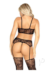 Lace Bra Bow Gstring Garter 3pc Blk Os
