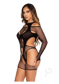 Off Shoulder Net Garter Teddy 2pc Blk Os