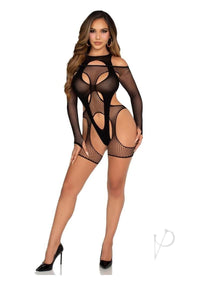 Off Shoulder Net Garter Teddy 2pc Blk Os