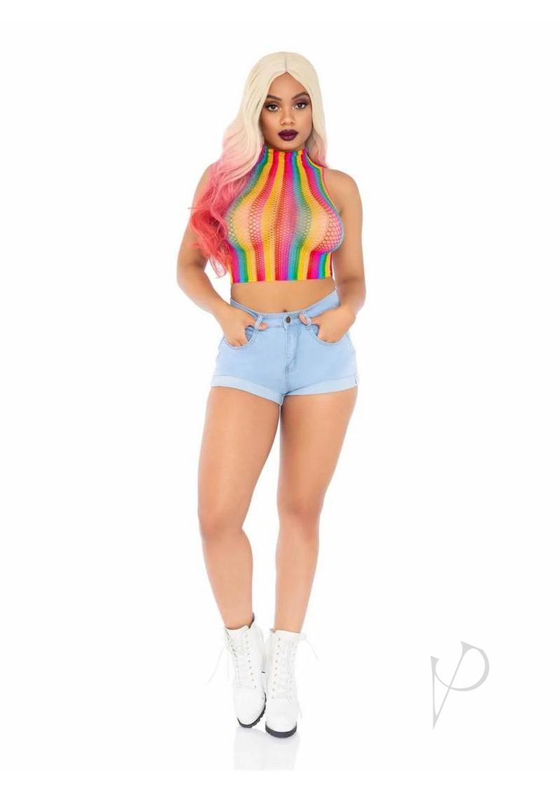 Rainbow Net High Neck Crop Top Os
