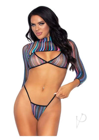 Stripe Net Top Panty Sleeve Top 3pc Mult