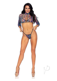 Stripe Net Top Panty Sleeve Top 3pc Mult