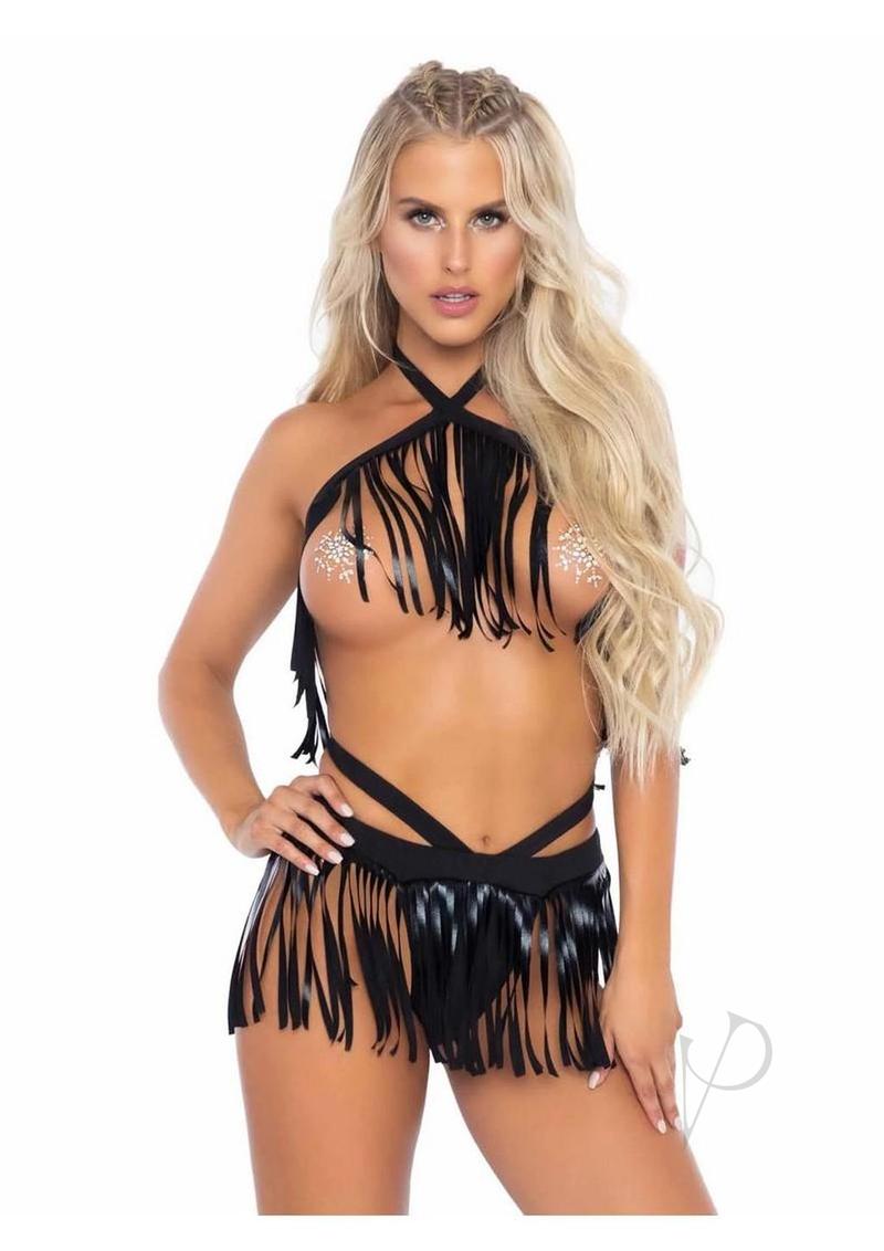 Fringe Halter And Bikini Md/lg Blk 2pc