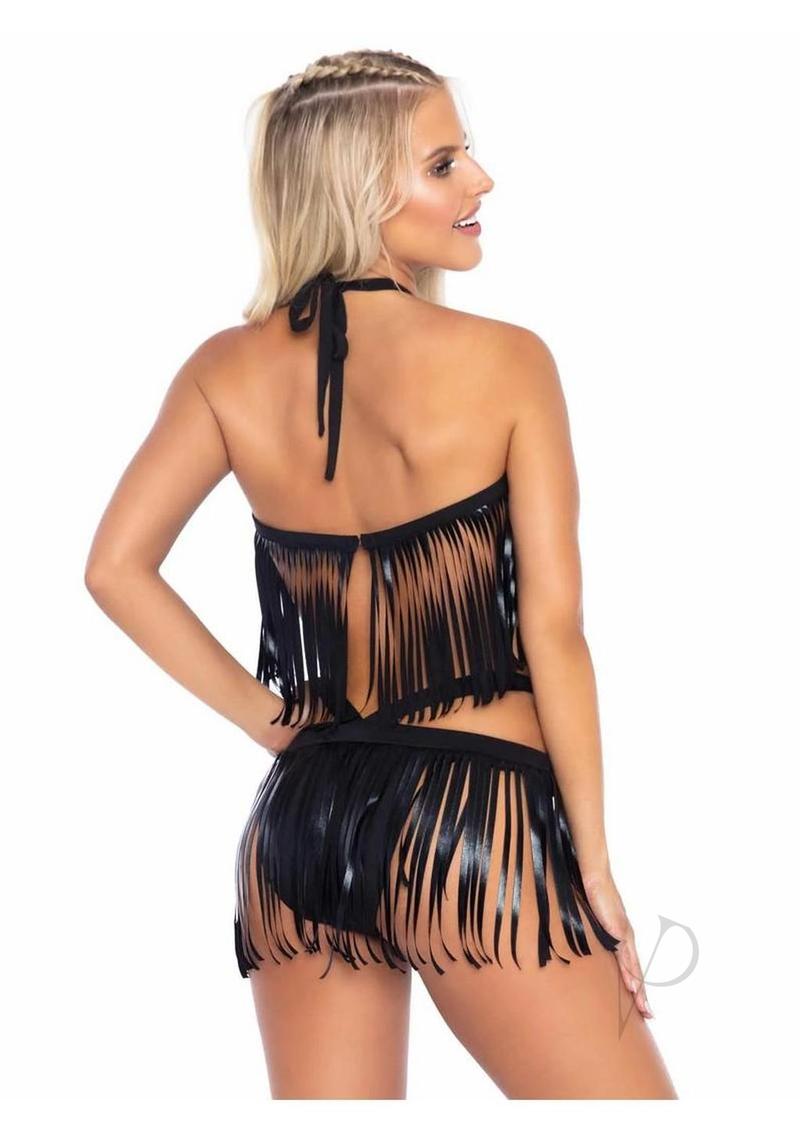 Fringe Halter And Bikini Md/lg Blk 2pc