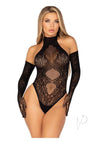 Lace Halter Teddy Long Gloves Blk Os 2pc