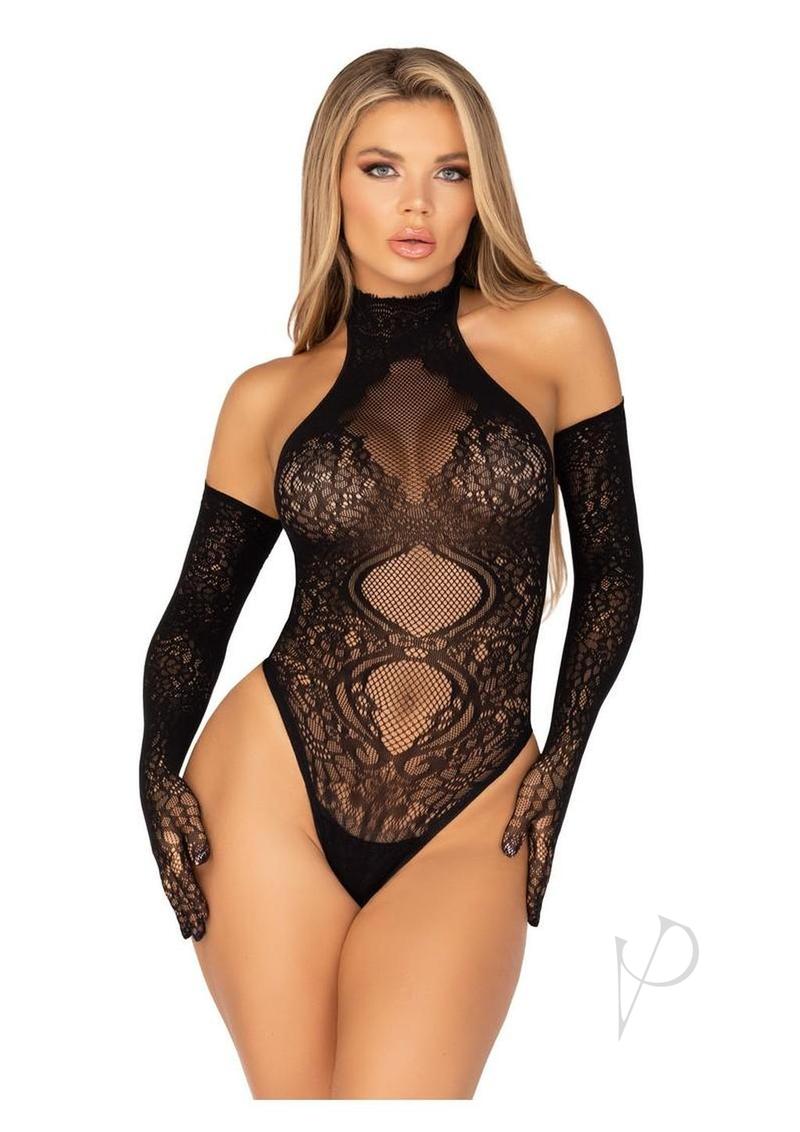 Lace Halter Teddy Long Gloves Blk Os 2pc