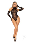 Lace Halter Teddy Long Gloves Blk Os 2pc