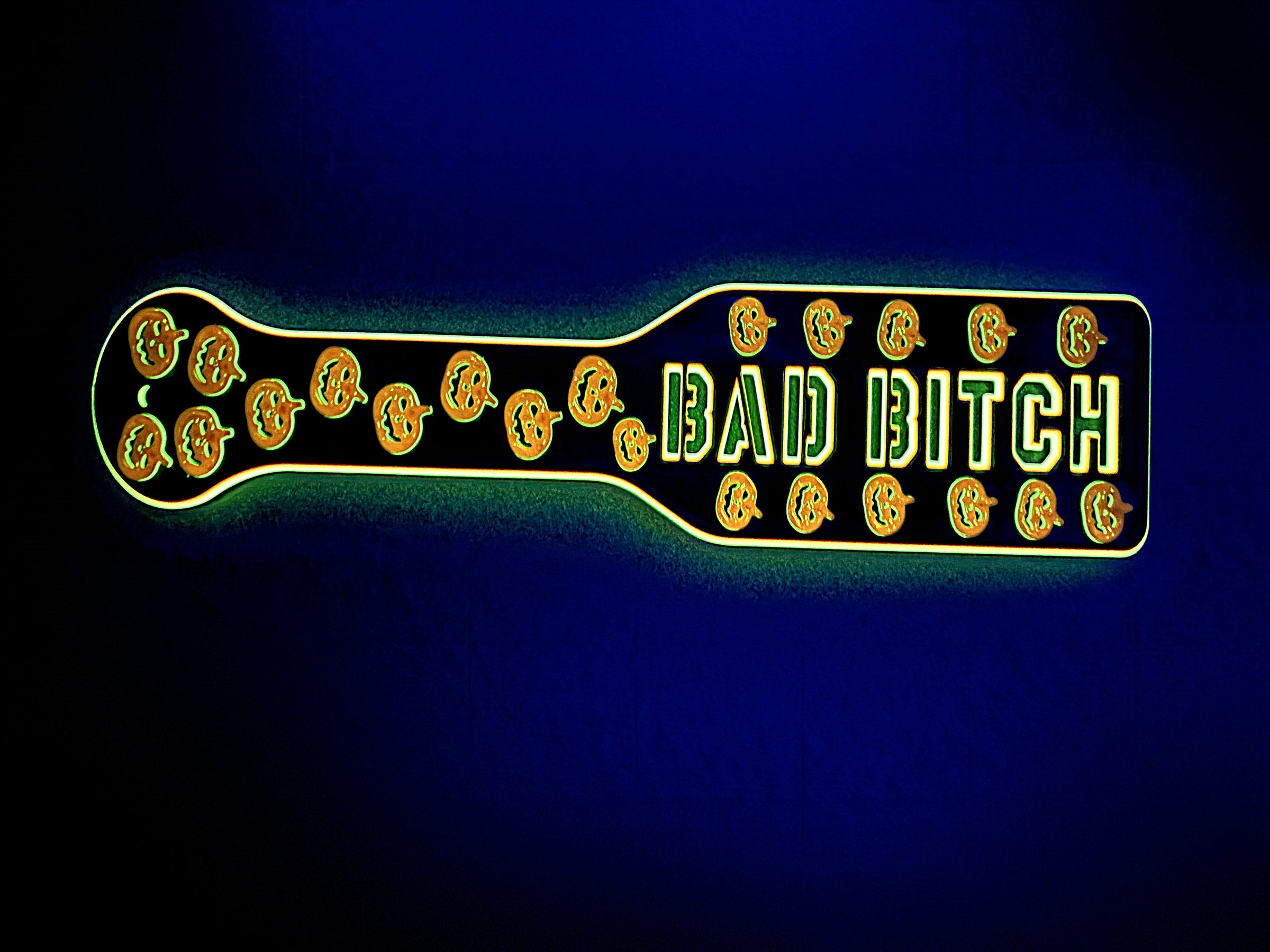 3D Printed Spanking Paddle BAD BITCH Black Orange and Glow in the Dark