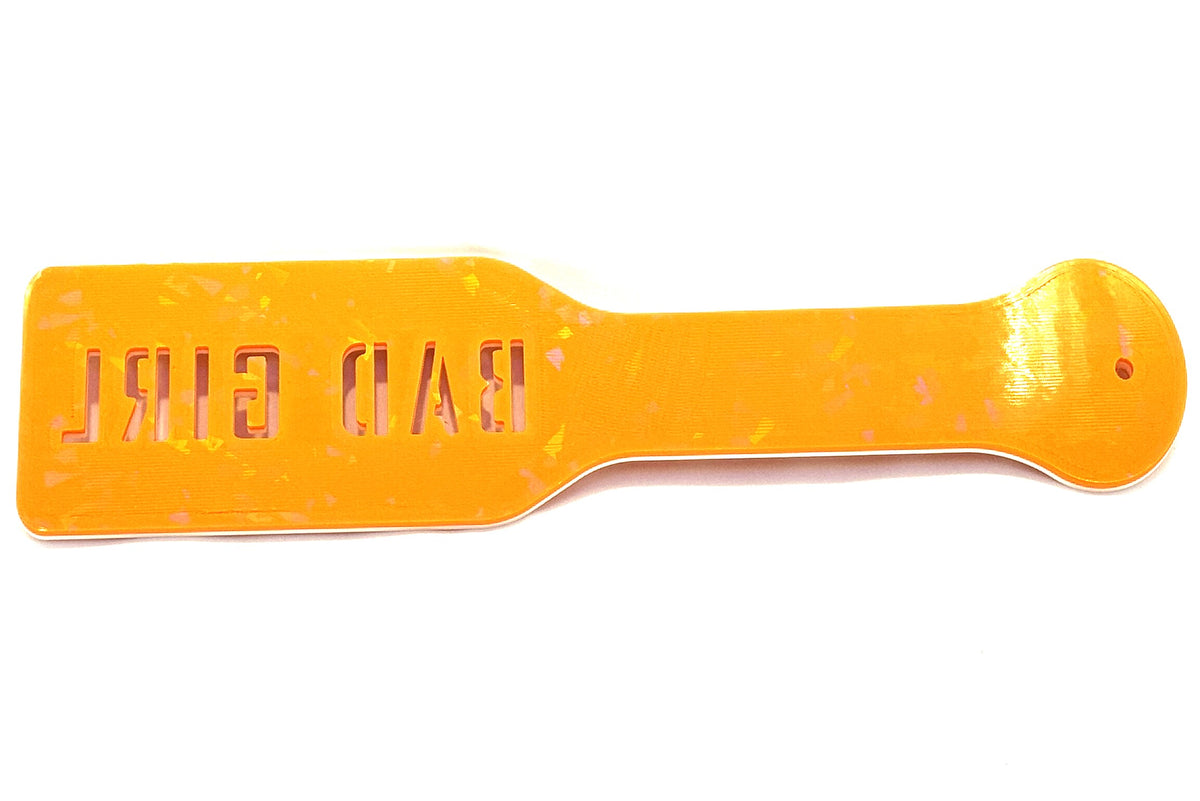 3D Printed Spanking Paddle BAD GIRL Orange and White