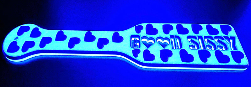 3D Printed Spanking Paddle GOOD SISSY Blue and Glow in the Dark