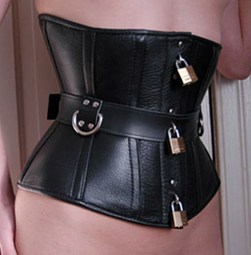 LEATHER BONDAGE CORSET WITH LOCKING HASP