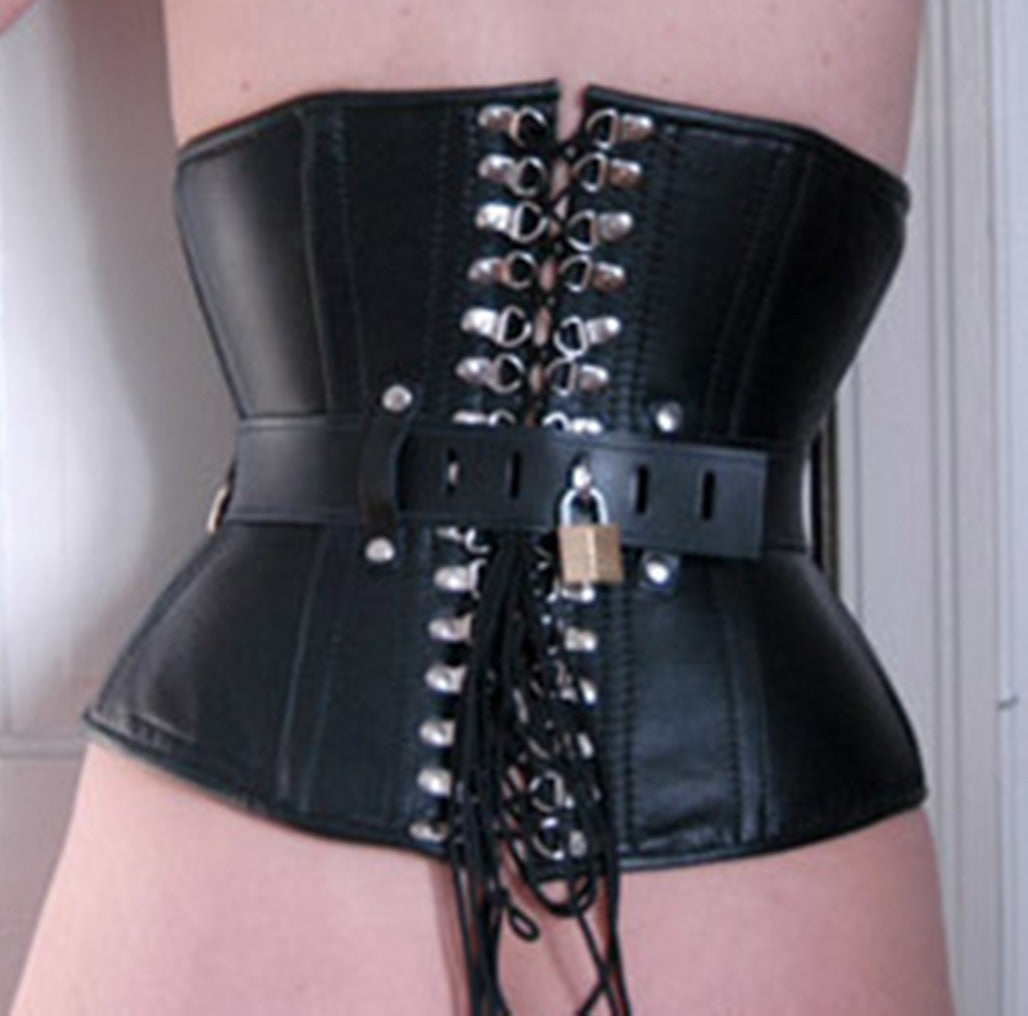 LEATHER BONDAGE CORSET WITH LOCKING HASP