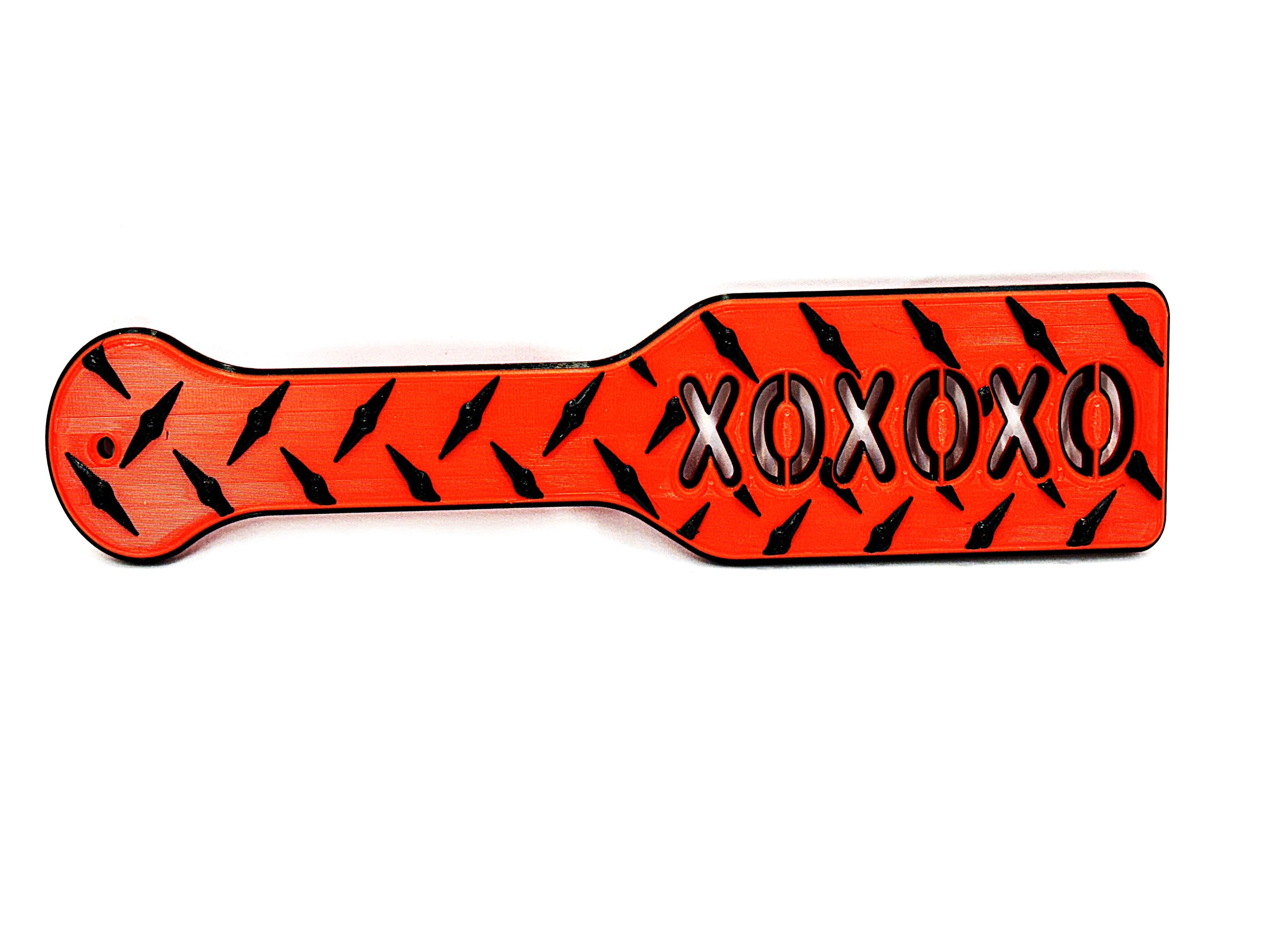 3D Printed Spanking Paddle XOXOXO Red and Black with Diamond Pattern