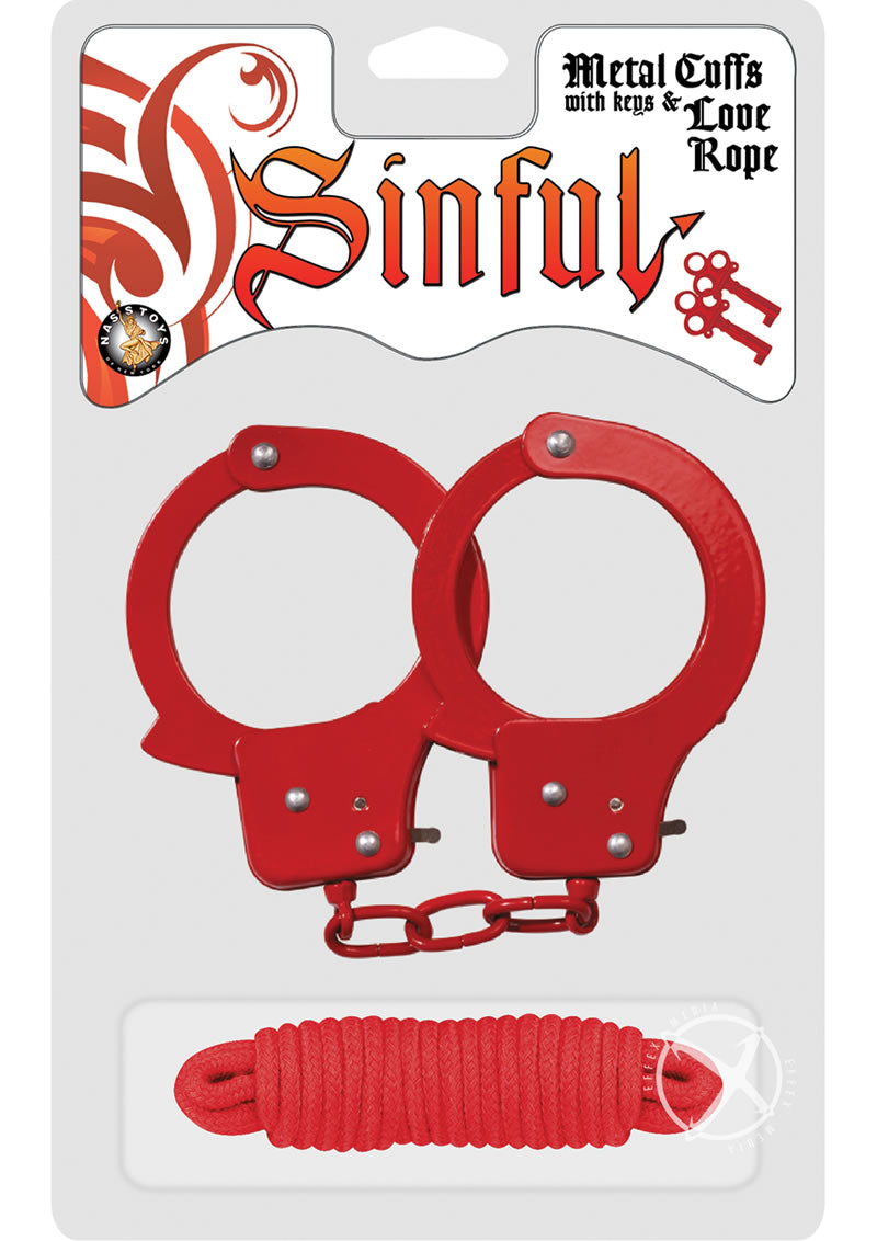 Sinful Metal Cuffs W/keys Love Rope Red