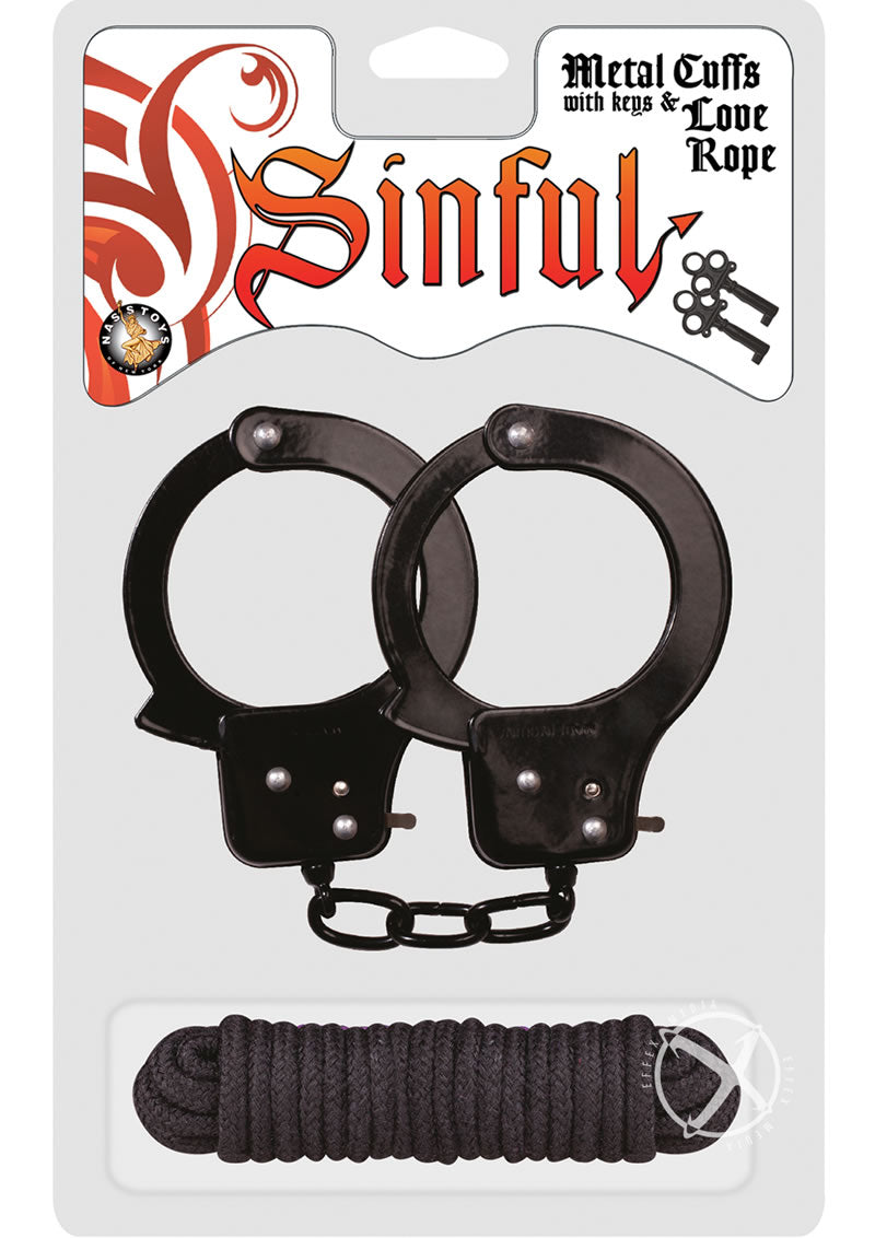 Sinful Metal Cuffs W/keys Love Rope Blac