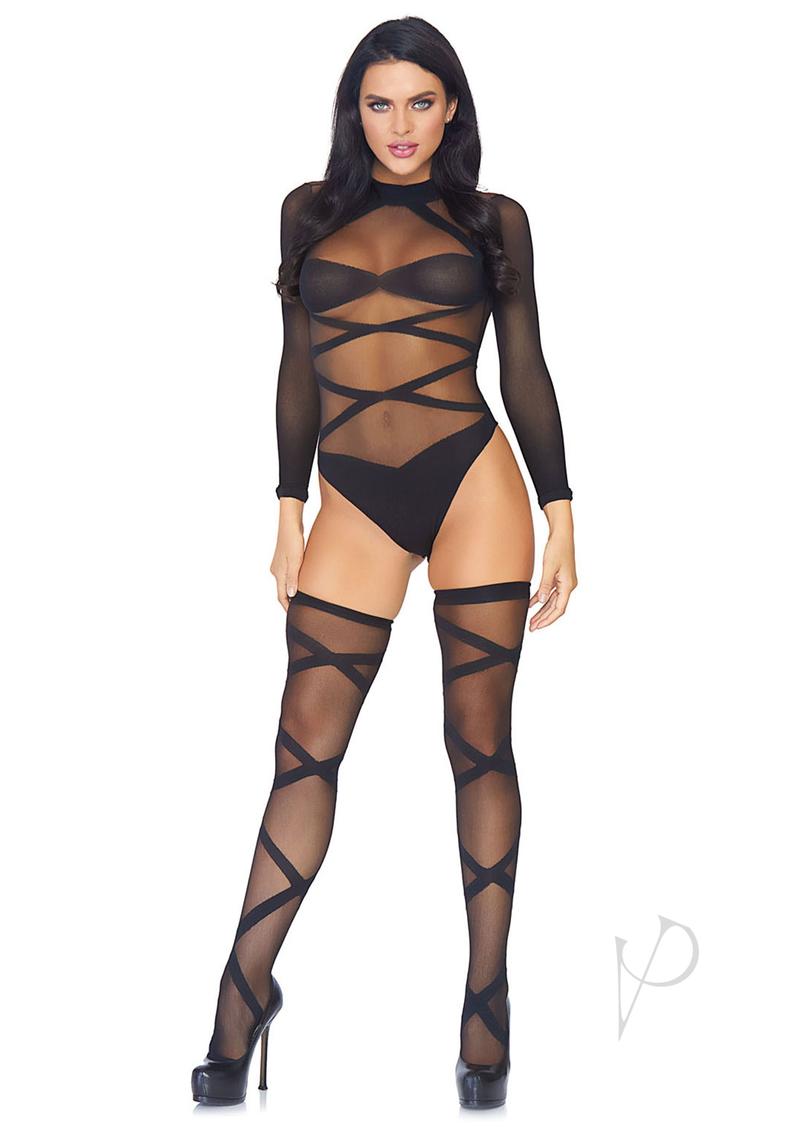 Sheer Cc Bodysuit W/thighhigh Os Blk 2pc