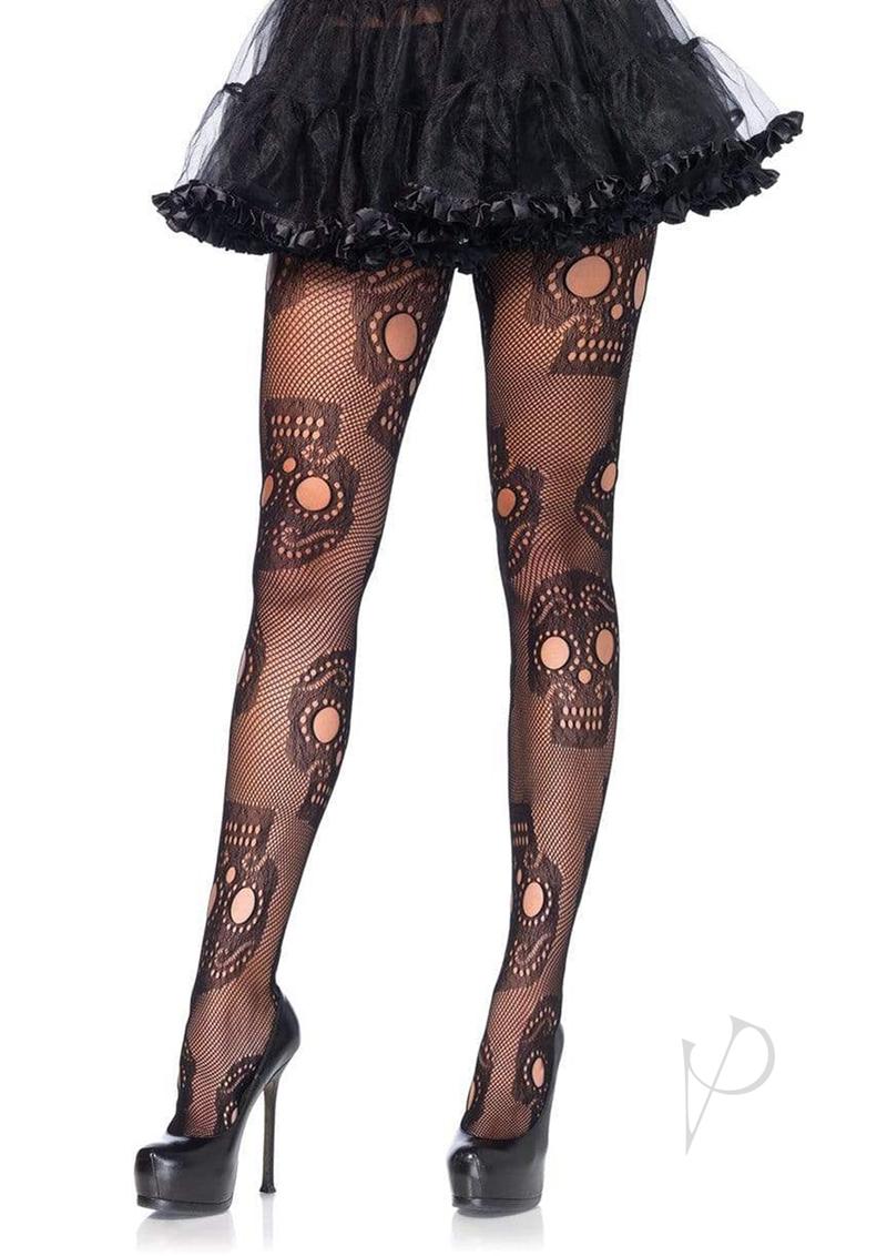 Sugar Skull Net Hose - 1x-2x - Black