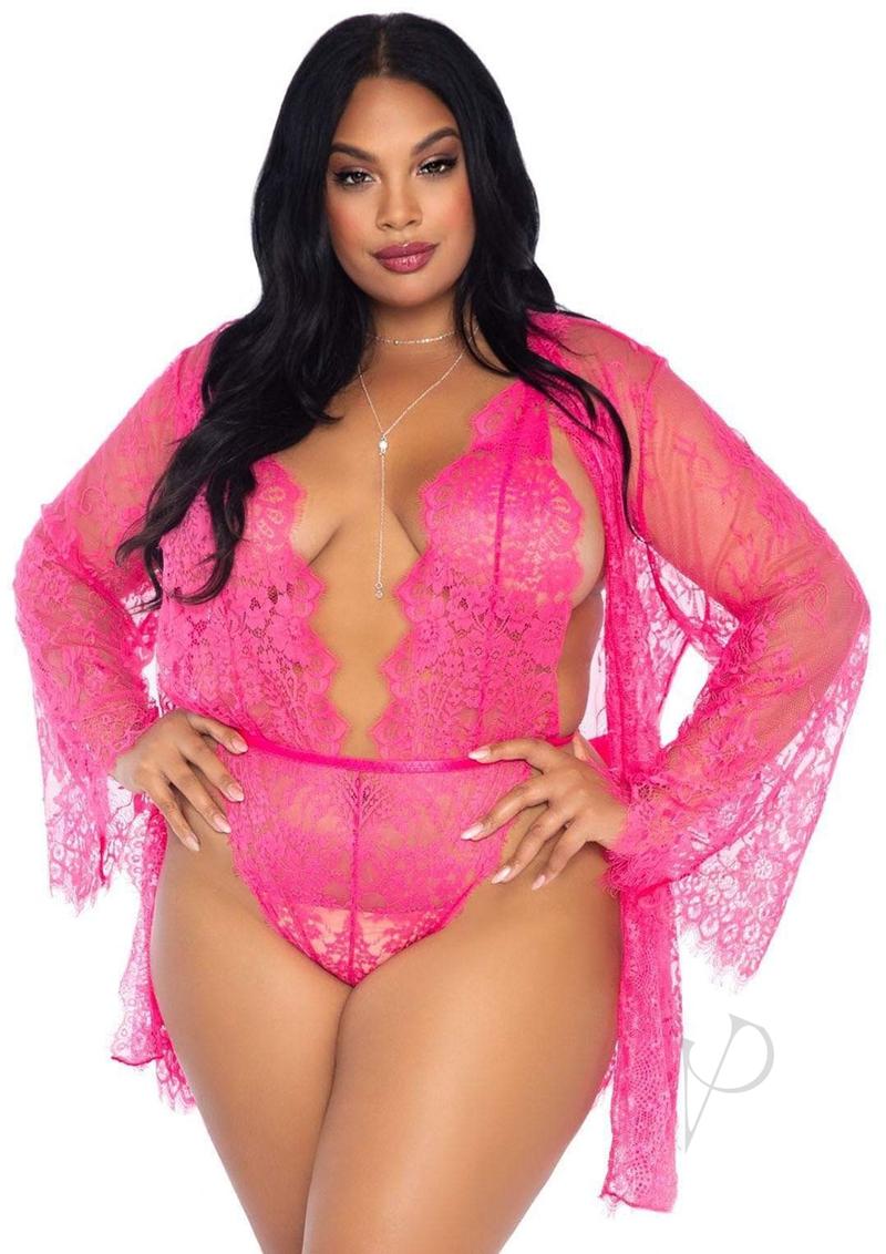 Floral Teddy Thong Robe 3pc 1x/2x Pink