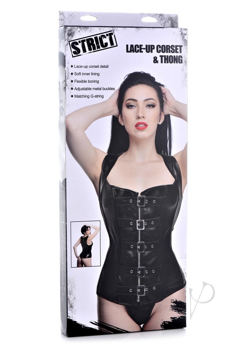 Strict Lace Corset Vest/thong Lg Black