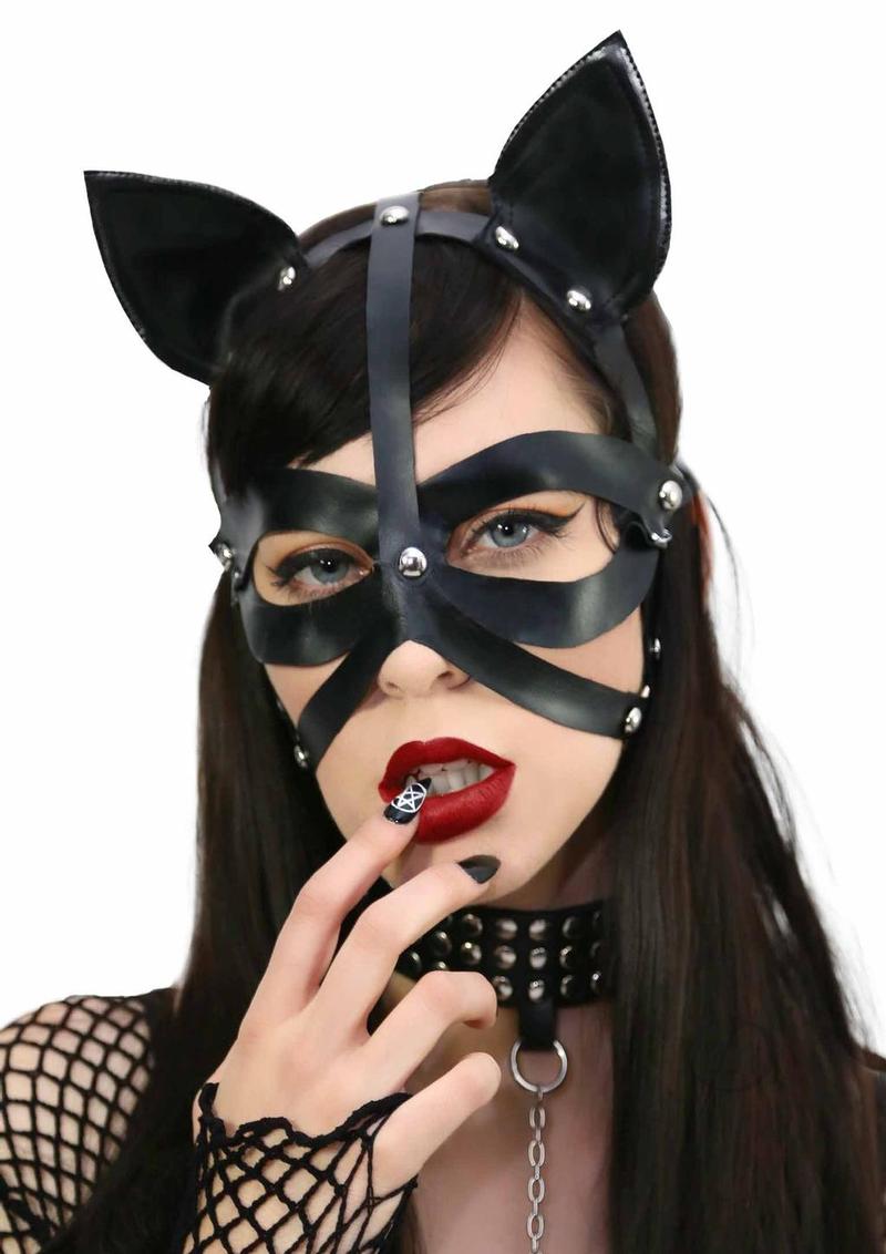 Wet Look Harness Cat Mask Black