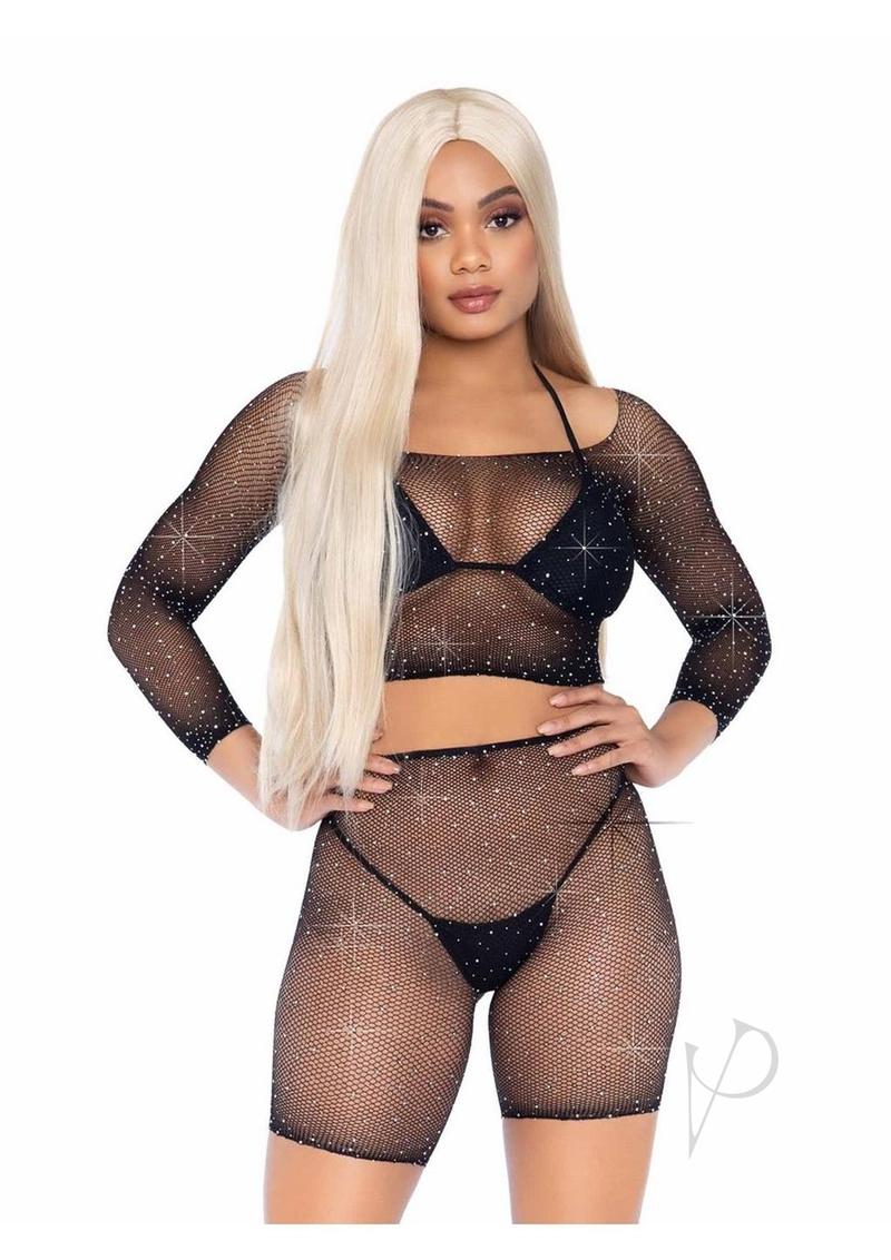 Rhinestone Fishnet Top/shorts Os 2pc Blk