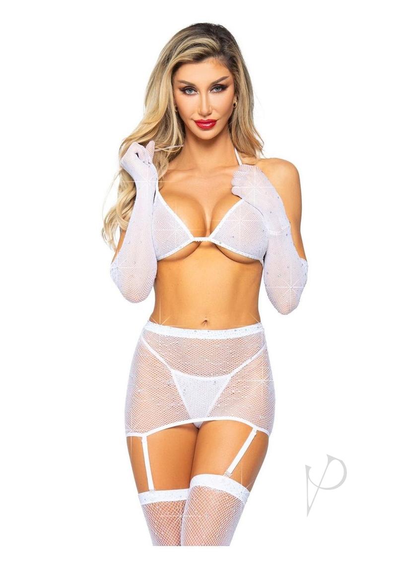 Rhinestone Fishnet Garter Set 5pc White