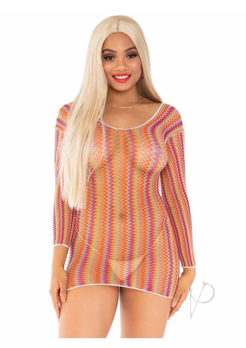 Zig Zag Rainbow Net Sleeve Mini Dress Os