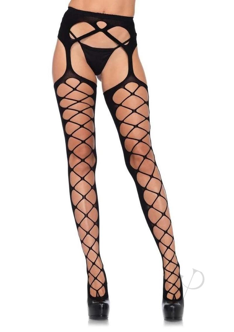 Diamond Net Stocking W/garterbelt Os Blk