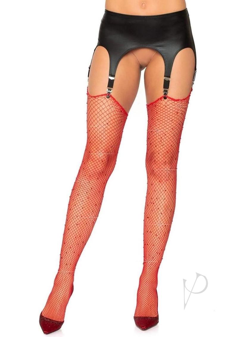 Rhinestone Fishnet Stockings Os Red