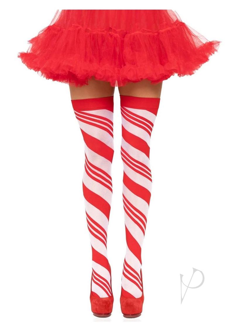 Spandex Candy Cane Thigh High Os Red/wht